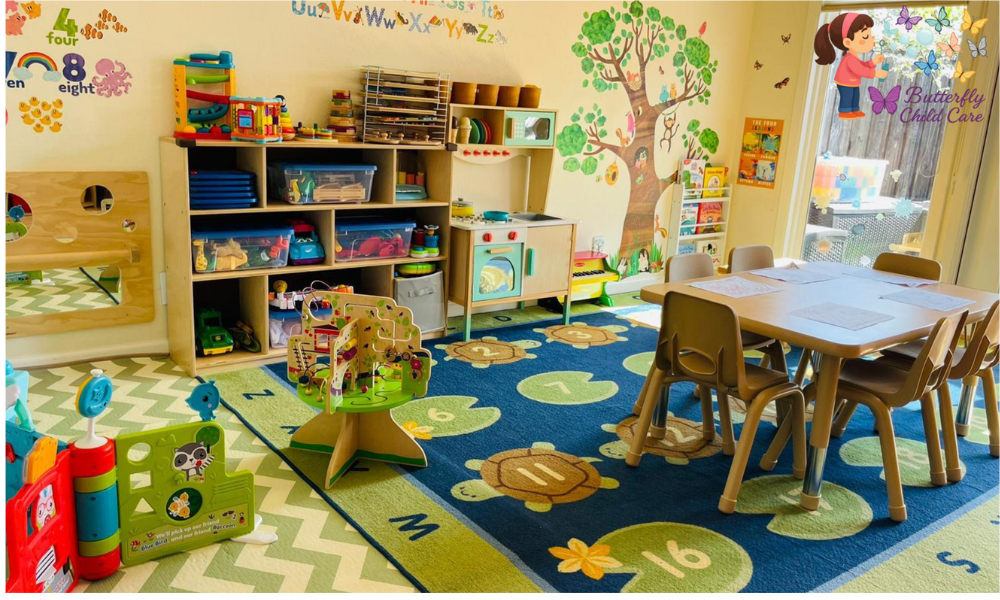 Colorful indoor classroom with educational toys and child-friendly decorations