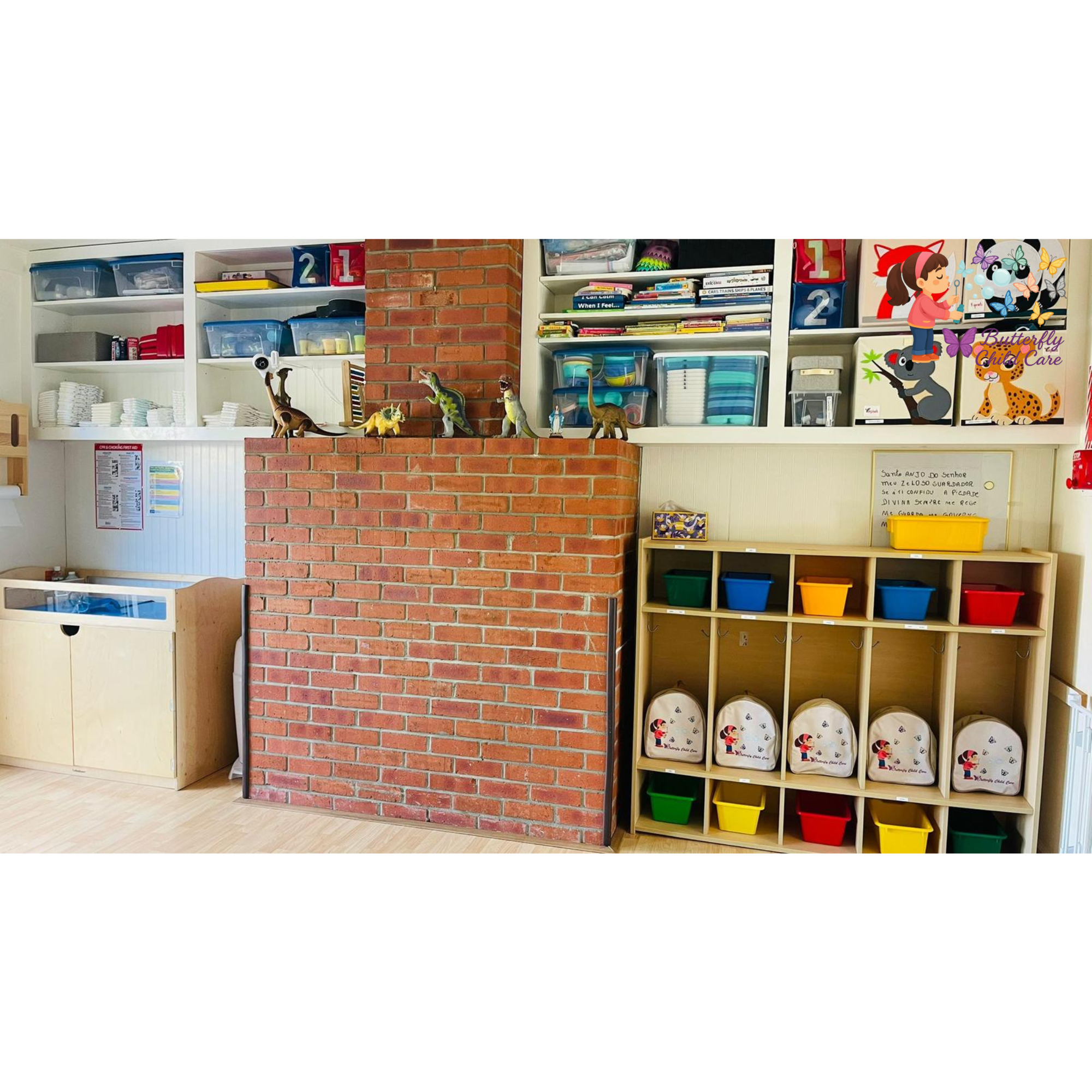 Organized backpack and supply storage area at Butterfly Child Care with personalized cubbies and educational materials