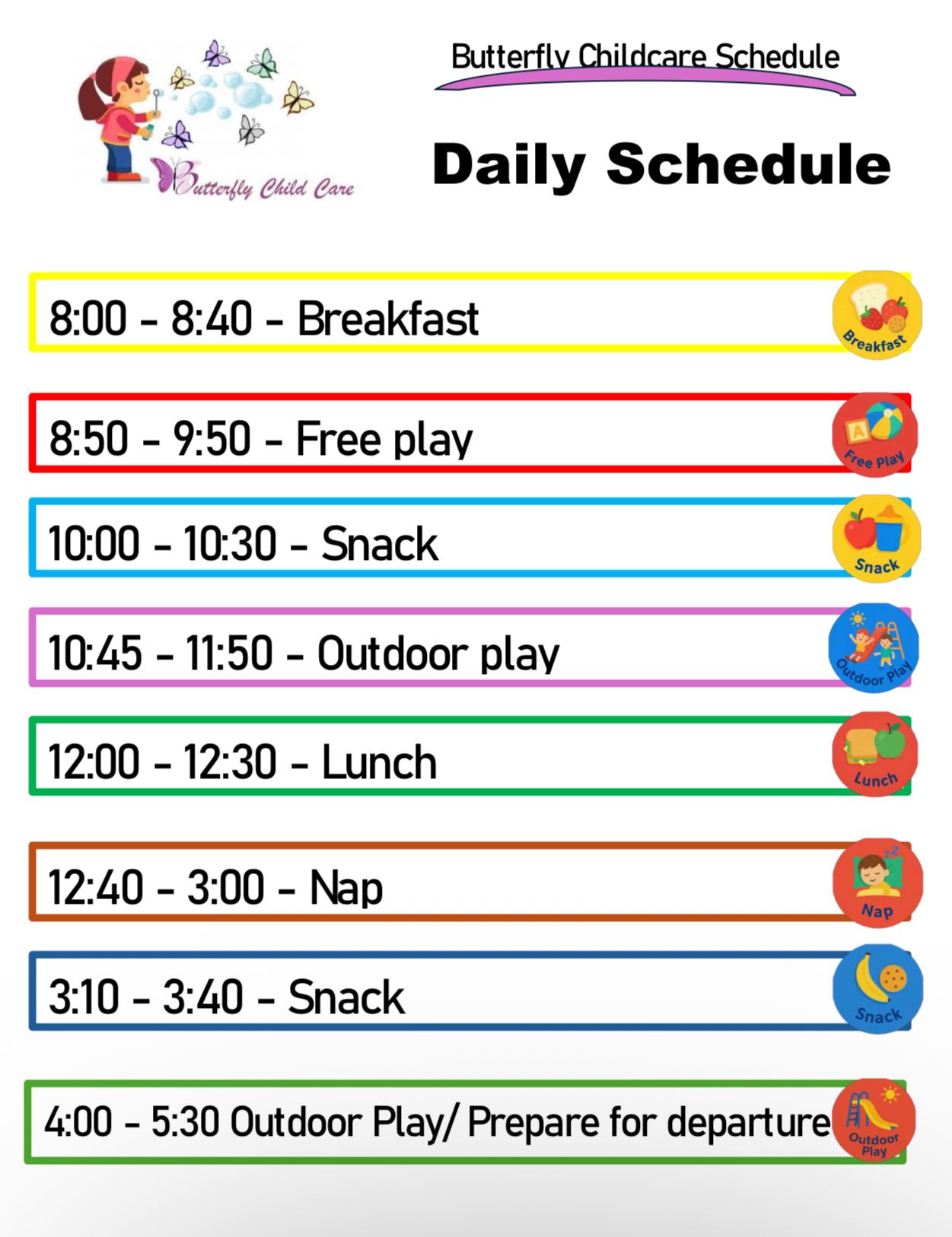 Daily schedule at Butterfly Child Care showing activities from breakfast to departure